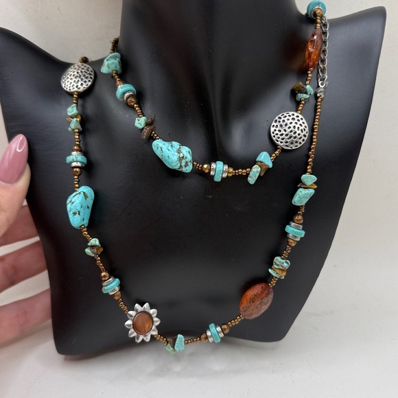 Jewelry - Boho Blue Amber Beaded Necklace Silver Tone Sunburst Charms Southwestern